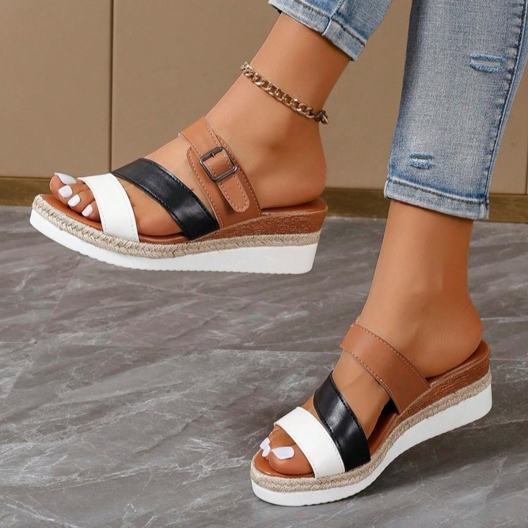 Large-sized foreign trade wedge heel sandals for women to wear outside, Spring/Summer 2025 new belt-buckle hollowed-out slippers Application Scenario
