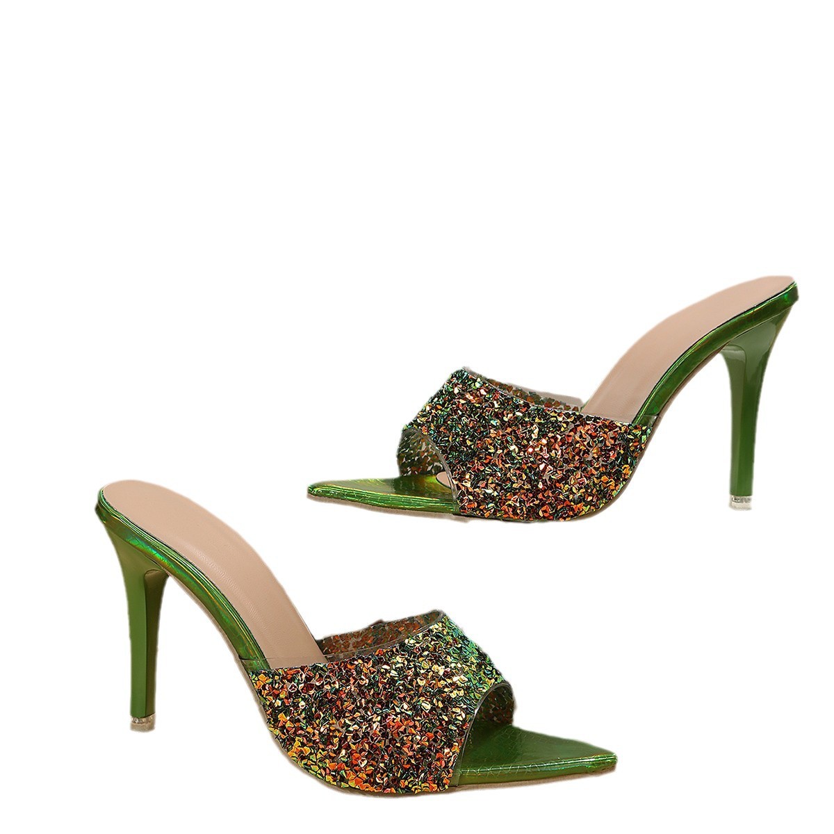 2024 Summer new European and American style sequined high-heeled sandals for women, one-shoulder flip-flops, open-toe skinny high-heeled fashion sandals Item Picture