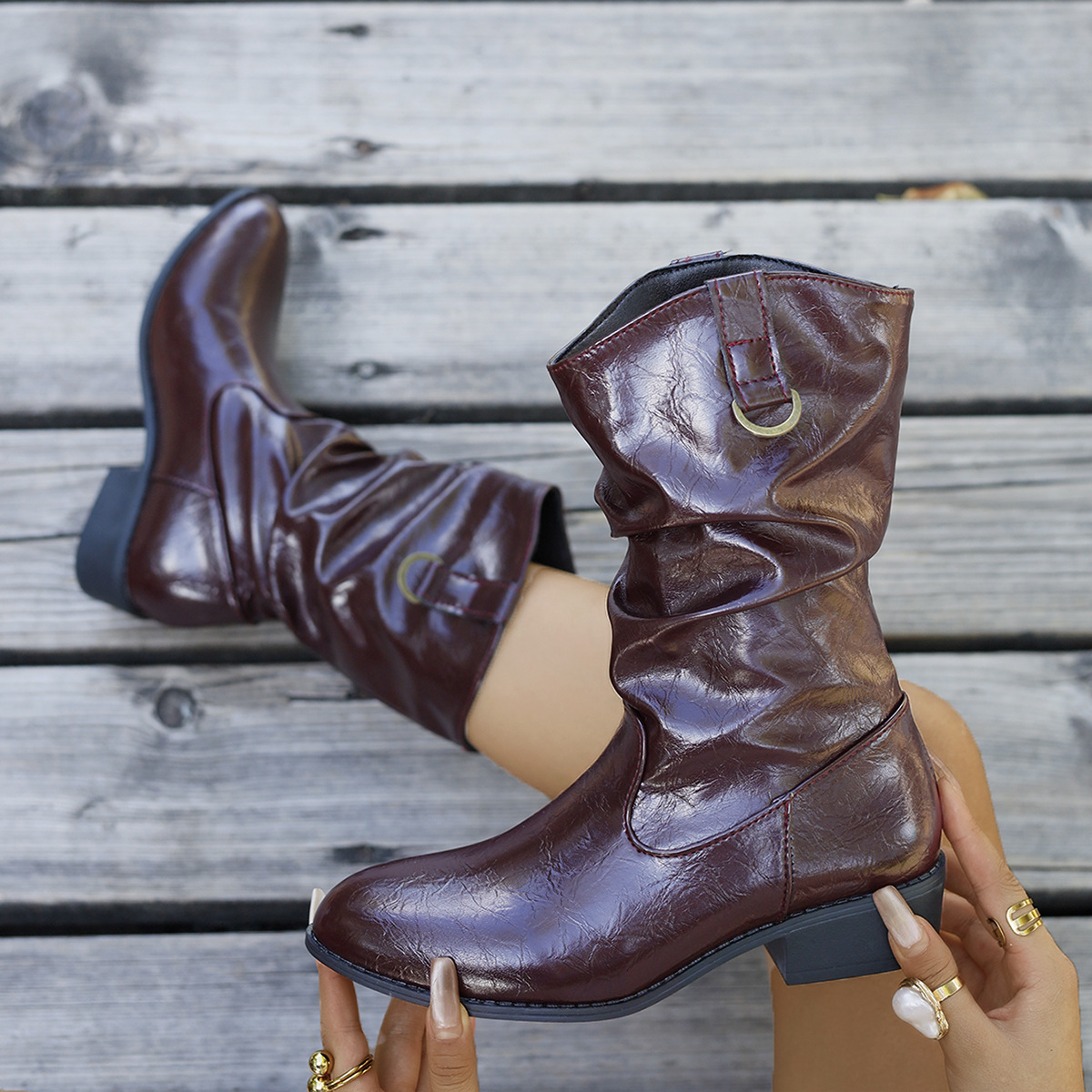 Cross-border trade pointed-toe, thick-heeled, slimming, pleated, trendy women's 2025 autumn/winter plus-size Western denim mid-calf boots details Picture