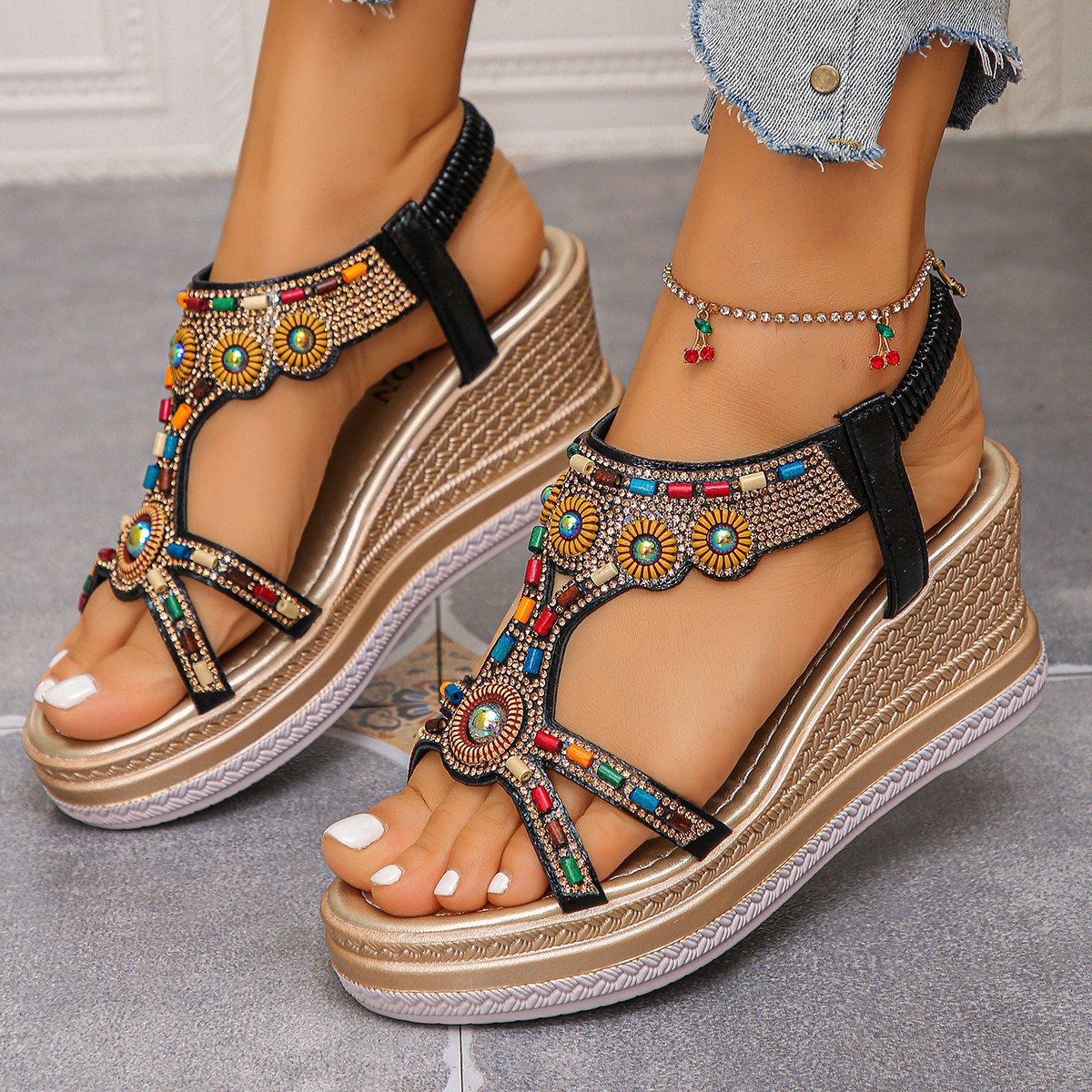 Wedge heel sandals, summer 2025 Roman sandals, retro rhinestone elastic band thick-soled height-increasing lightweight sandals for women Specification drawing