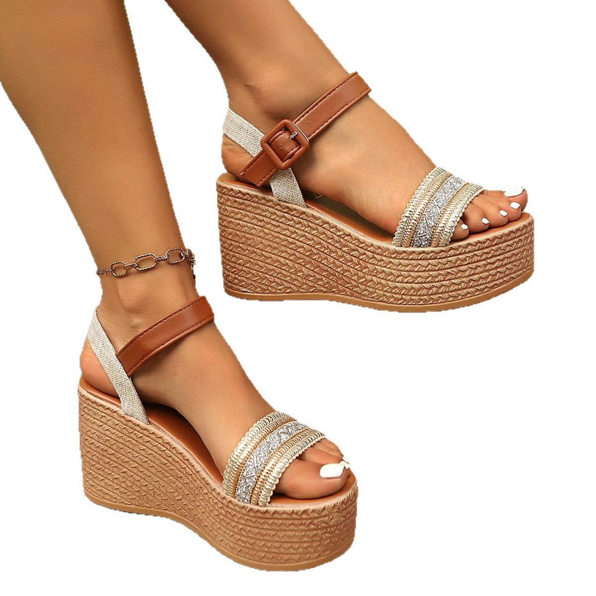 New style of Korean sandals for women in 2025, fairy style, high heels, wedge heels, thick soles, one-strap Roman shoes for women Item Picture