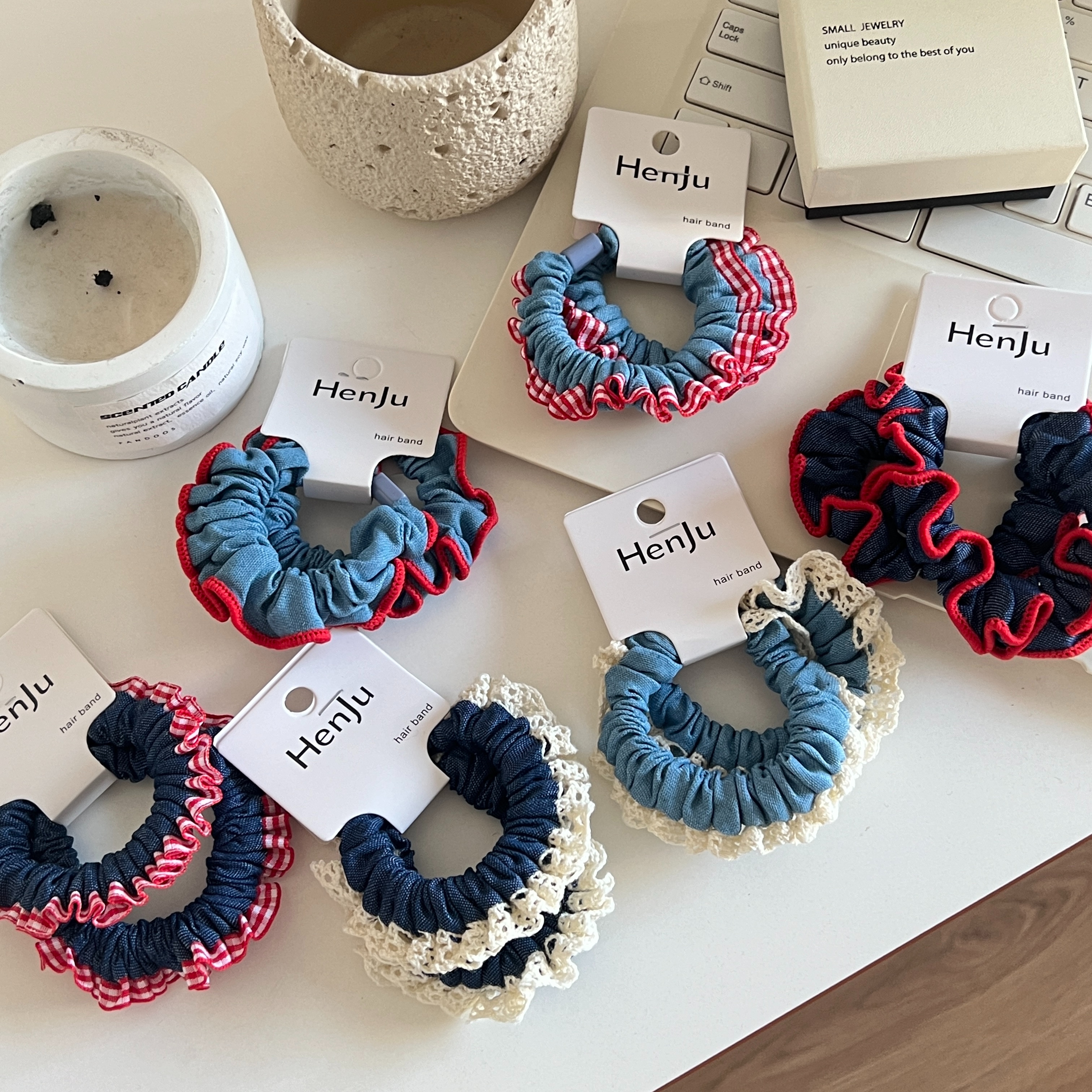Sweet and cool girl denim lace large intestine hair band, high elasticity hair tie, 2025 new style rubber band, versatile hair tie and hair accessory