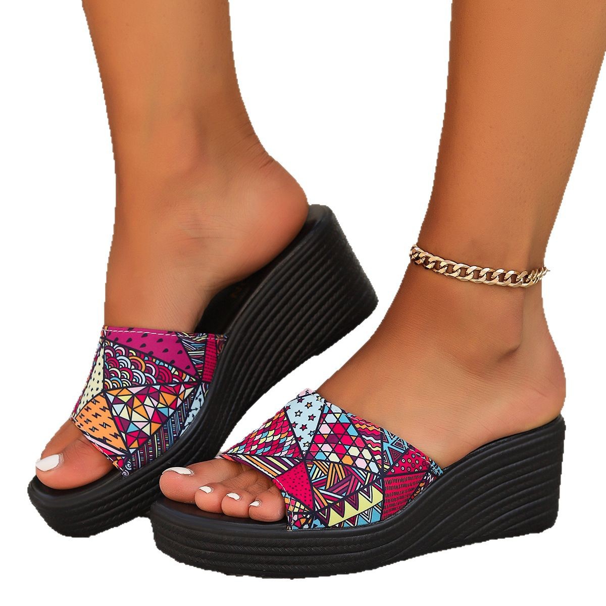 Independent station Foreign Trade 2024 Summer Flat thick-soled outerwear printed half-slipper Foreign trade one-line open-toe shoes 43 Item Picture