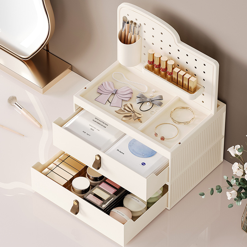 D47-1091化妆收纳盒梳妆台护肤置物架亚克力整理盒桌面防尘化妆箱白底实物图