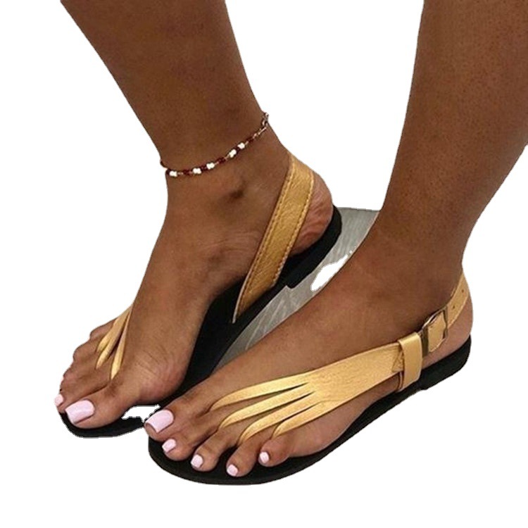 wish's new summer sandals: European and American style round-toed women's button-and-toe flat, side-open, large-sized fashionable sandals 43 Item Picture