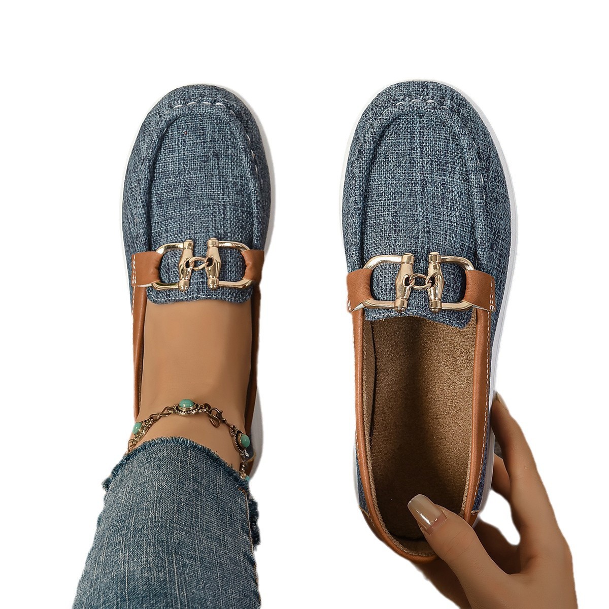 Women's casual single shoes for spring and autumn 2024, large-sized European and American export shoes, round-toed flat, one-foot Lofu shoes Item Picture