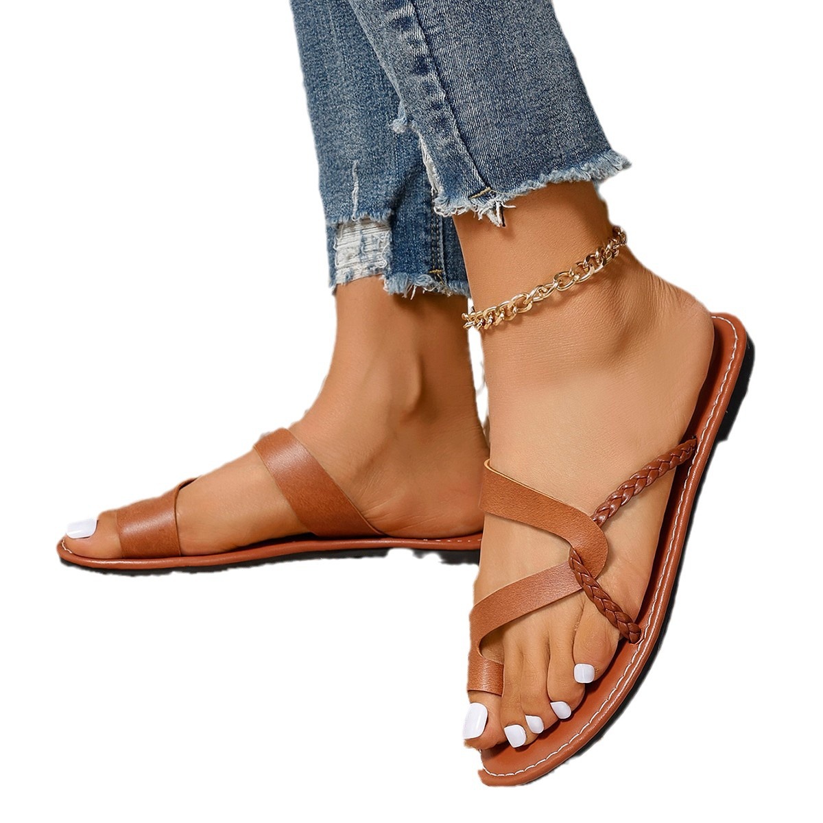 New Summer 2023 style flat shoes with belt buckles, casual large-sized beach flip-flops Item Picture