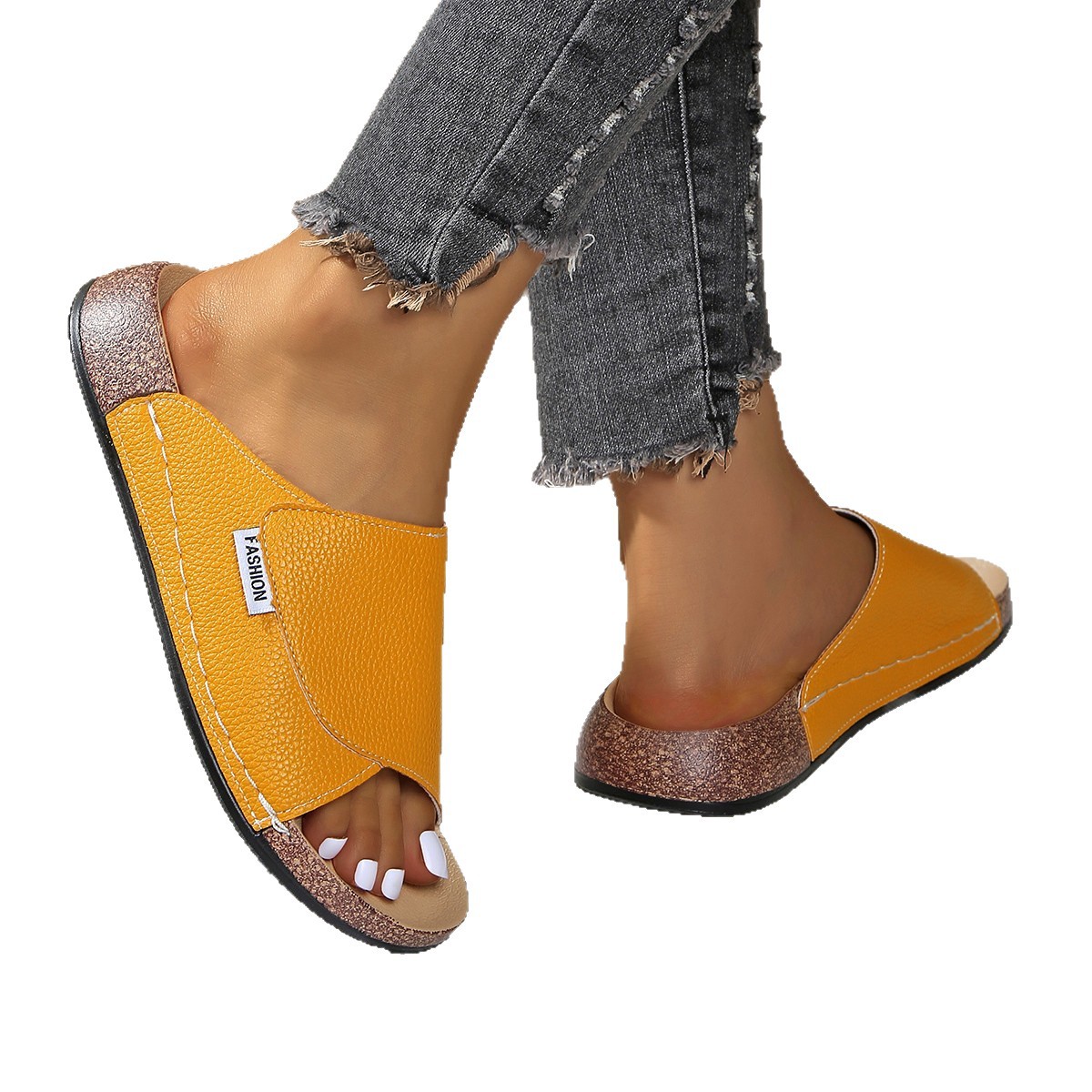 New summer 2025 foreign trade women's thick-soled slippers, cross-border large-sized one-line wide striped thick-soled fish-mouth slippers Item Picture