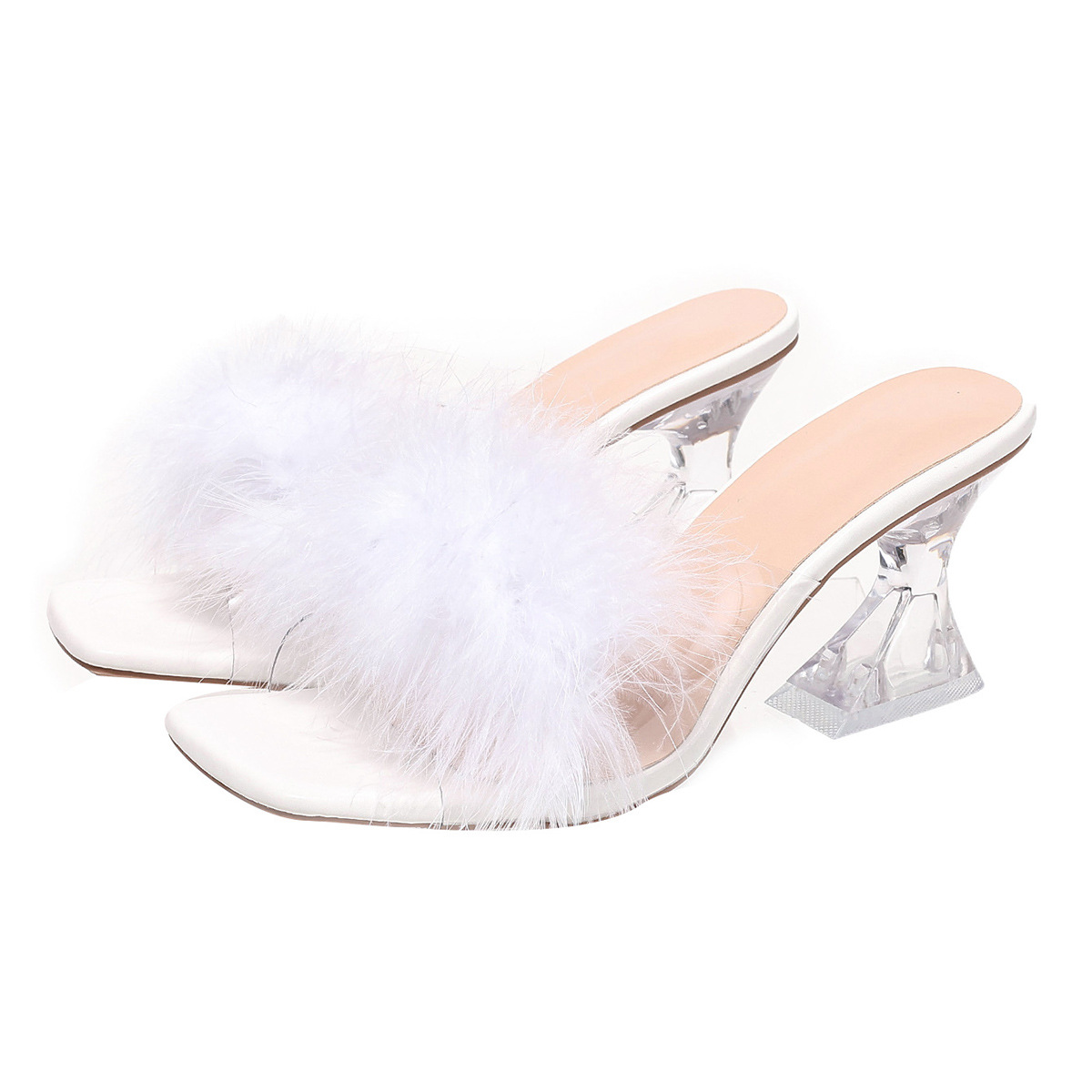 Cross-border Foreign Trade 2025 Summer New white furry banquet High heels for women, casual one-shoulder flip-flops for women Item Picture