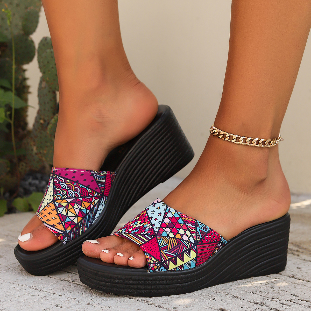 Independent station Foreign Trade 2024 Summer Flat thick-soled outerwear printed half-slipper Foreign trade one-line open-toe shoes 43 full figure