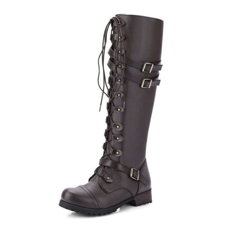 2020 new round toe high-top knight boots with belt opening decoration, low-heeled women's leather boots, large size 40-43 in stock Item Picture