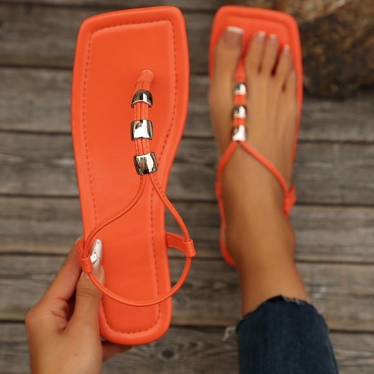 Cross-border supply 2025 new style women's flat flat square toe beaded women's sandals Fashion style 36-43 Specification drawing