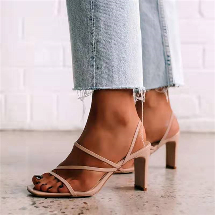Cross-border women's shoes 2021 Summer new square-toed high-heeled sandals, European and American fashionable women's shoes, plus-size women's shoes in stock details Picture
