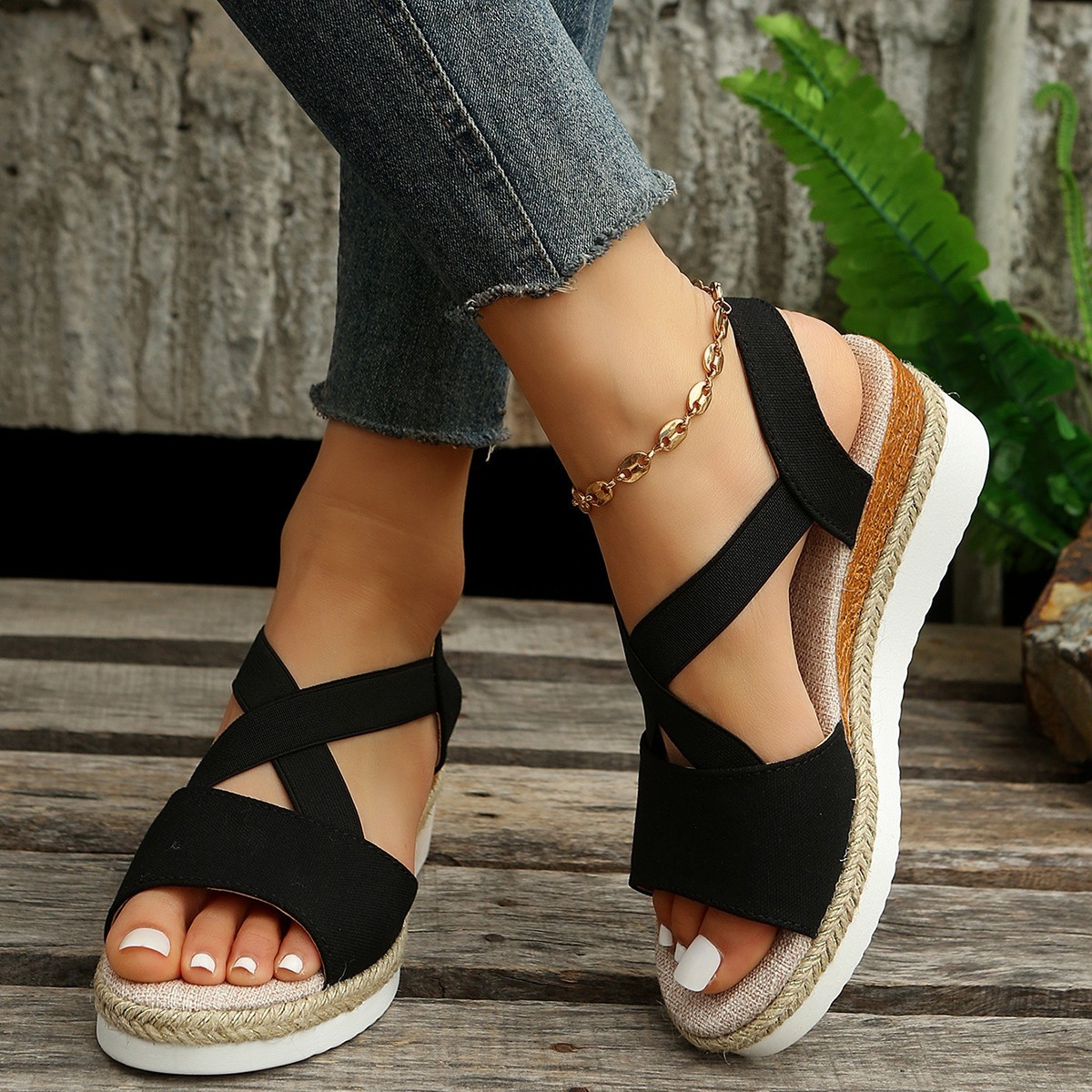 Cross-border large-sized sandals for women, Summer 2024 new flat wedge heel fish-mouth casual women's sandals, wish, Amazon Specification drawing