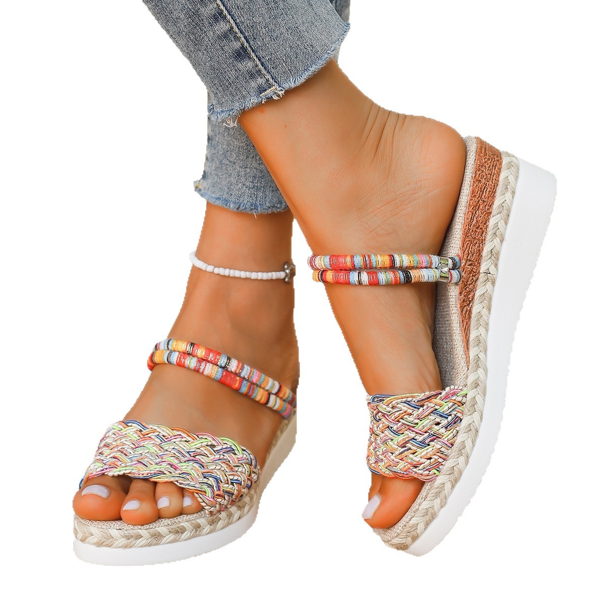 2025 New ethnic style export large-sized women's thick-soled fish-mouth one-line with hemp rope, colorful two-wear slippers Item Picture