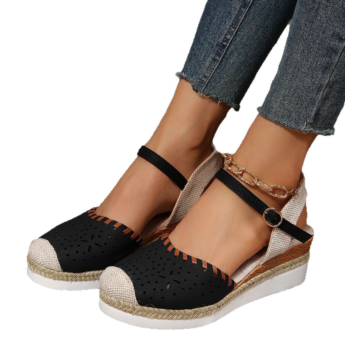 Cross-border foreign trade women's 2025 summer new thick-soled wedge heel casual one-shoulder buckle Roman sandals Item Picture