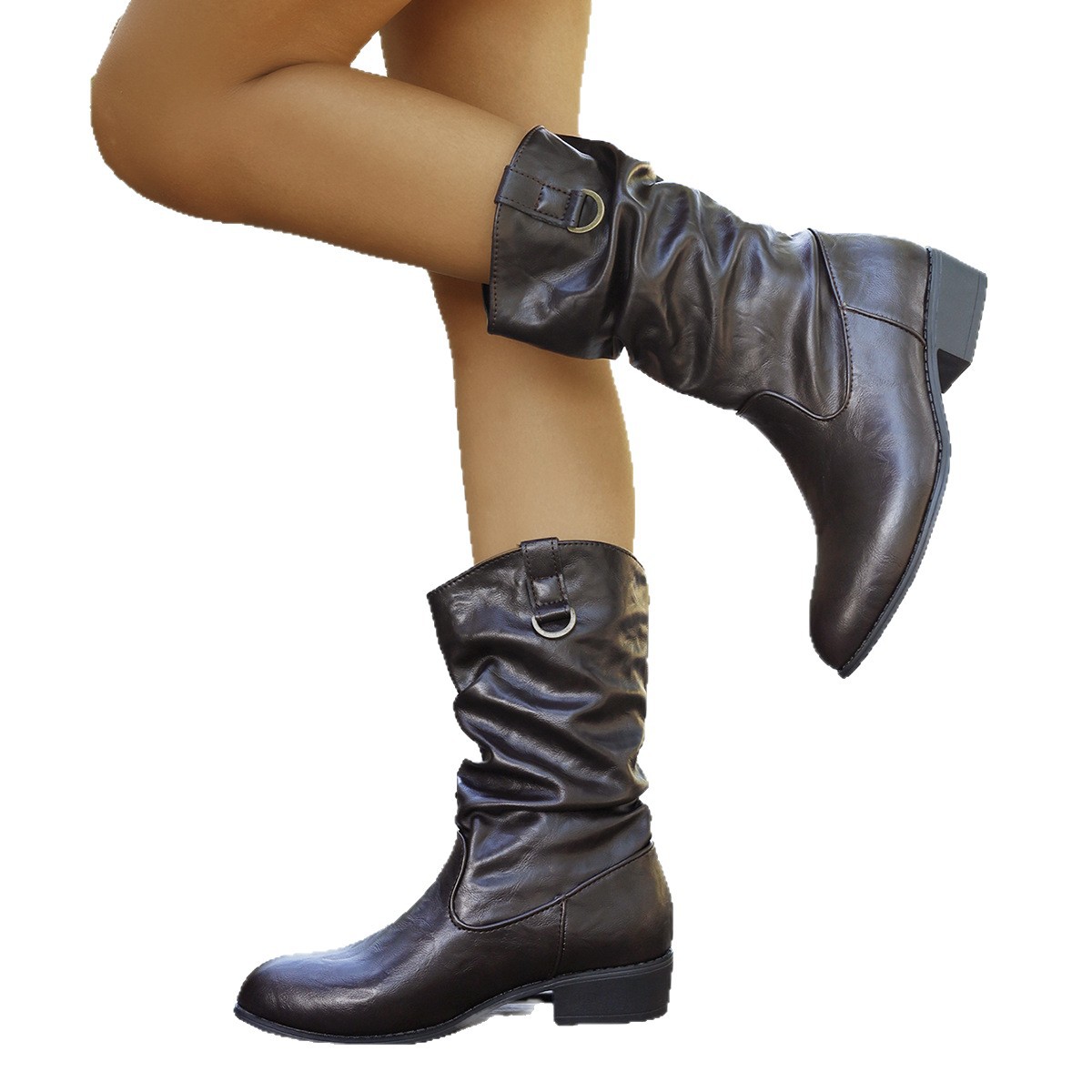 Cross-border trade pointed-toe, thick-heeled, slimming, pleated, trendy women's 2025 autumn/winter plus-size Western denim mid-calf boots Item Picture