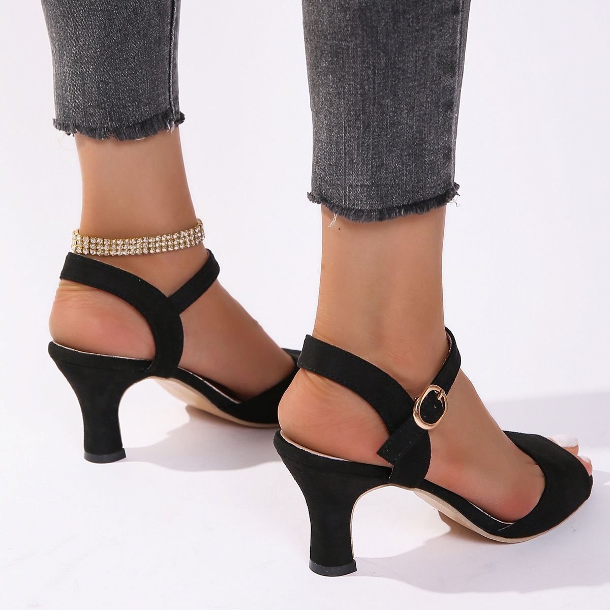 In 2024, women's black thin-heeled, European and American fashion one-shoulder buckle simple high heels for export Specification drawing