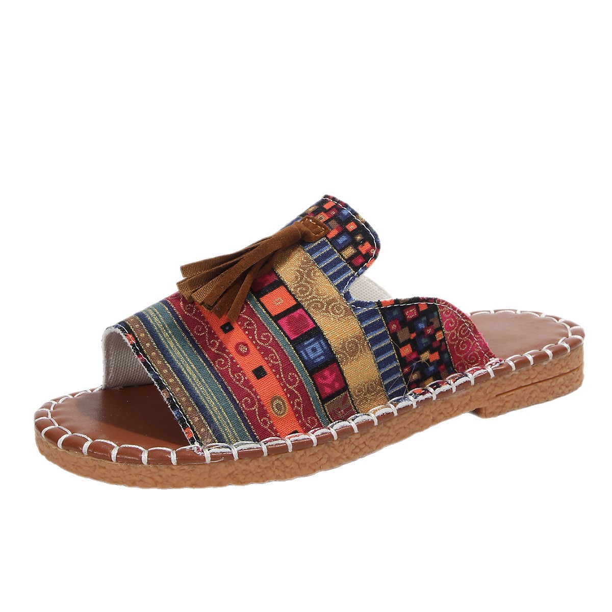 Ethnic style cross-border trade large-sized flat slippers for women 2025 summer new style European and American fringed beach shoes Item Picture