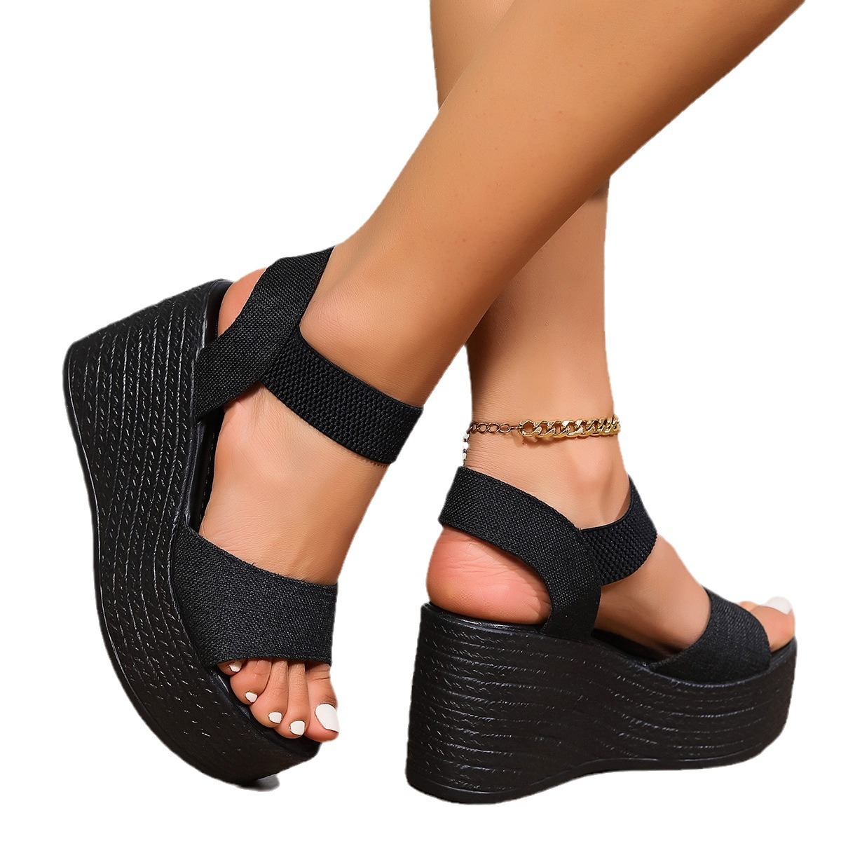 The 2024 Spring/Summer new style of thick-soled women's open-toe sandals with elastic elastic wedge heels are in stock Item Picture