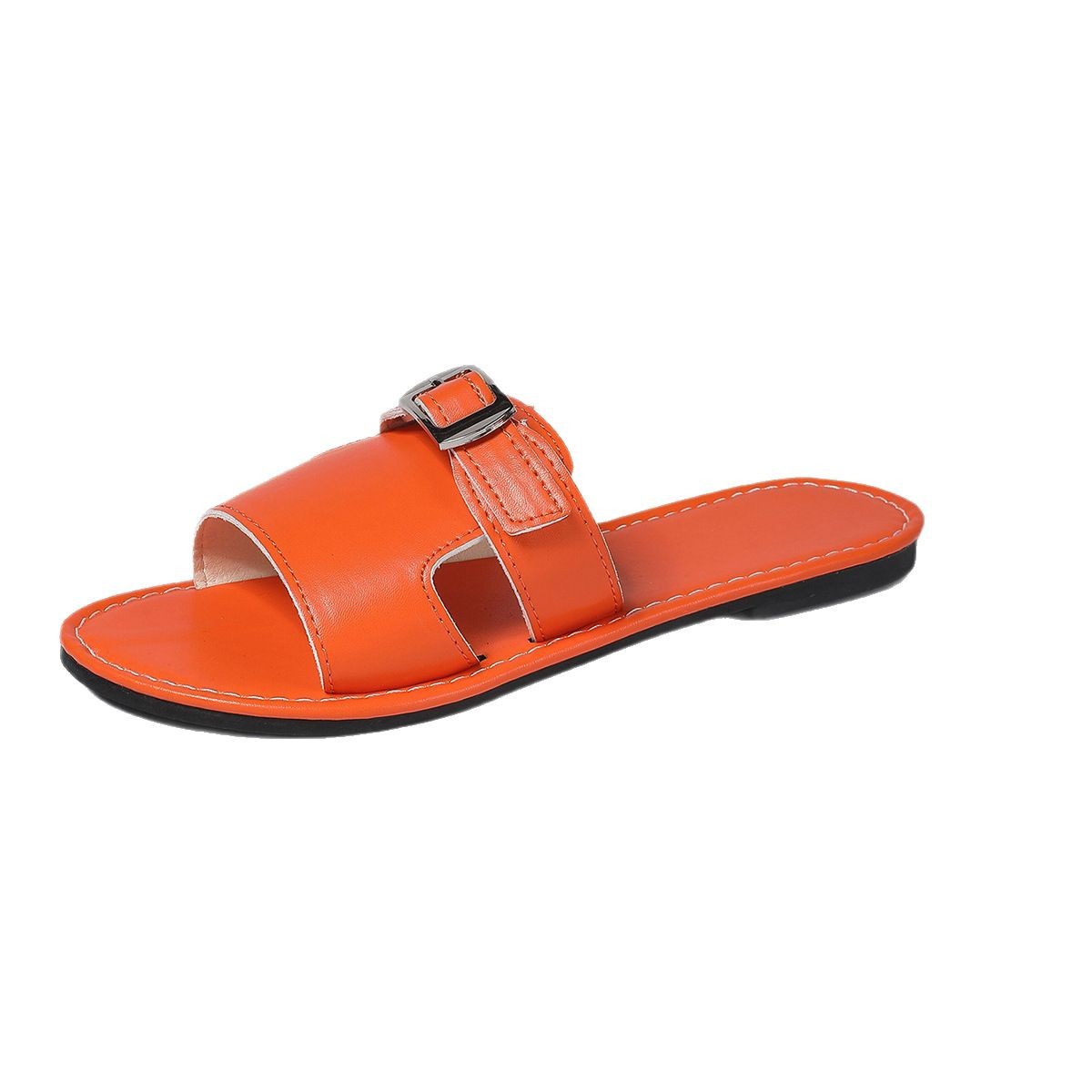 European and American export large-sized metal buckle decorated flat-bottomed one-shoulder slippers for women, cross-border travel beach cool slippers on Amazon Item Picture
