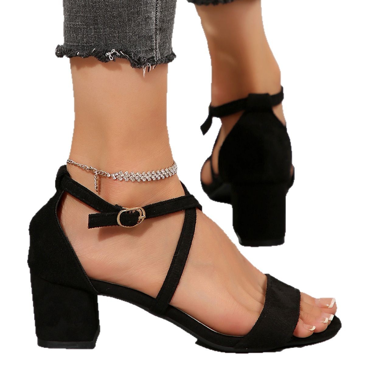 The 2025 new style of fashionable and versatile women's thick-heeled one-shoulder buckle high heels, European and American ish style Roman sandals for women Item Picture