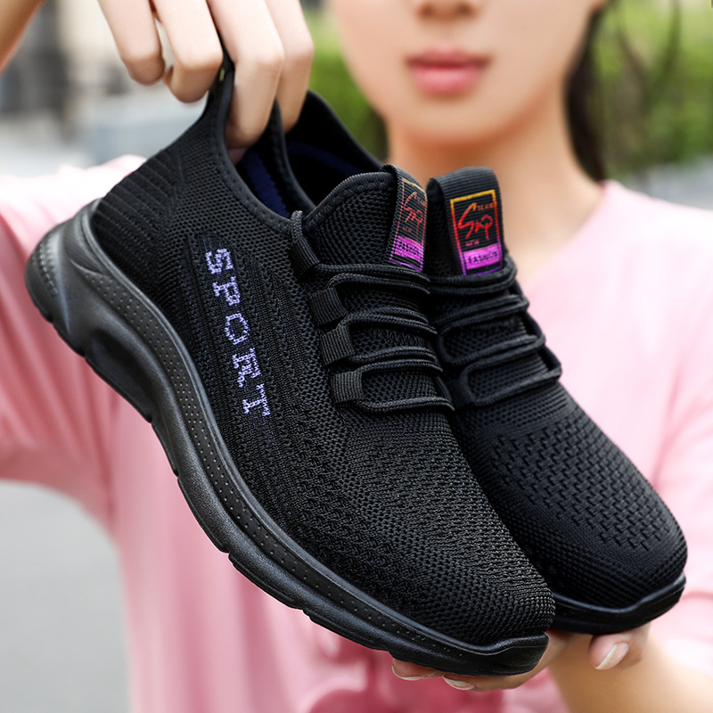 Women's solid color versatile sports and casual shoes, cross-border trade women's shoes, soft-soled lightweight polyurethane flying woven single shoes Specification drawing