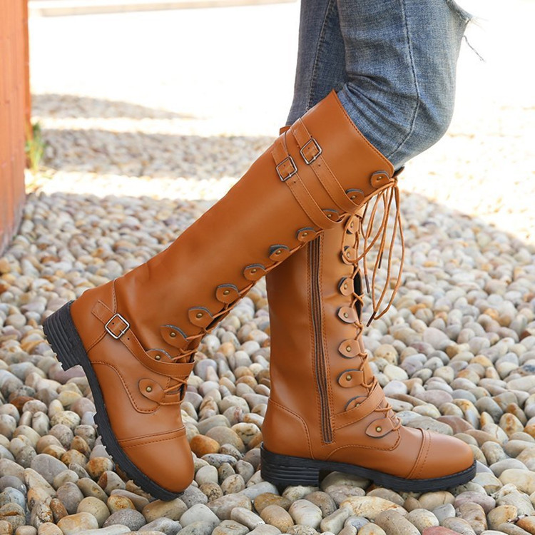 2020 new round toe high-top knight boots with belt opening decoration, low-heeled women's leather boots, large size 40-43 in stock Application Scenario