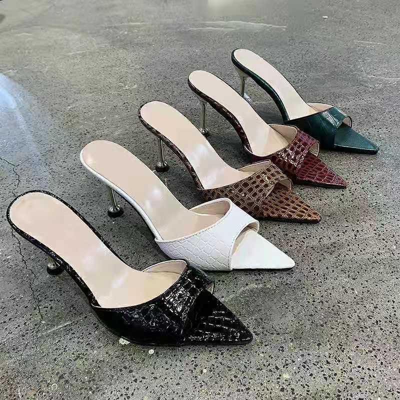 Cross-border 2024 new style European and American sexy snake-patterned leather pointed high-heeled flip-flops simple solid color plus-size banquet shoes full figure