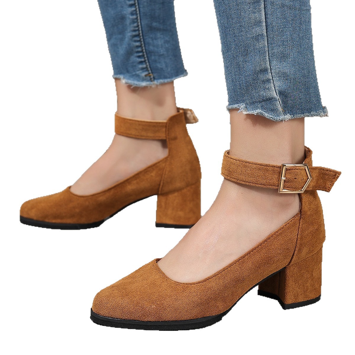 Plus-size single shoes for women, Spring 2025 new high heels, Korean-style round toe suede buckle, bold and fashionable, shallow toe women's shoes Item Picture