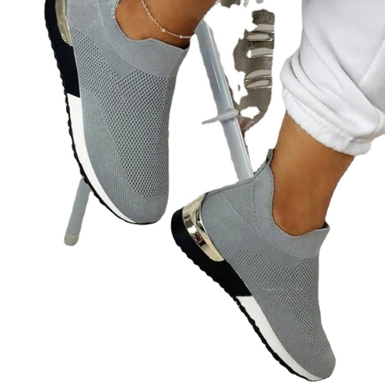 wish's new 2021 Fei-woven sock shoes, stretchable fabric large-sized women's shoes, breathable sporty style single shoes in large size are in stock Item Picture