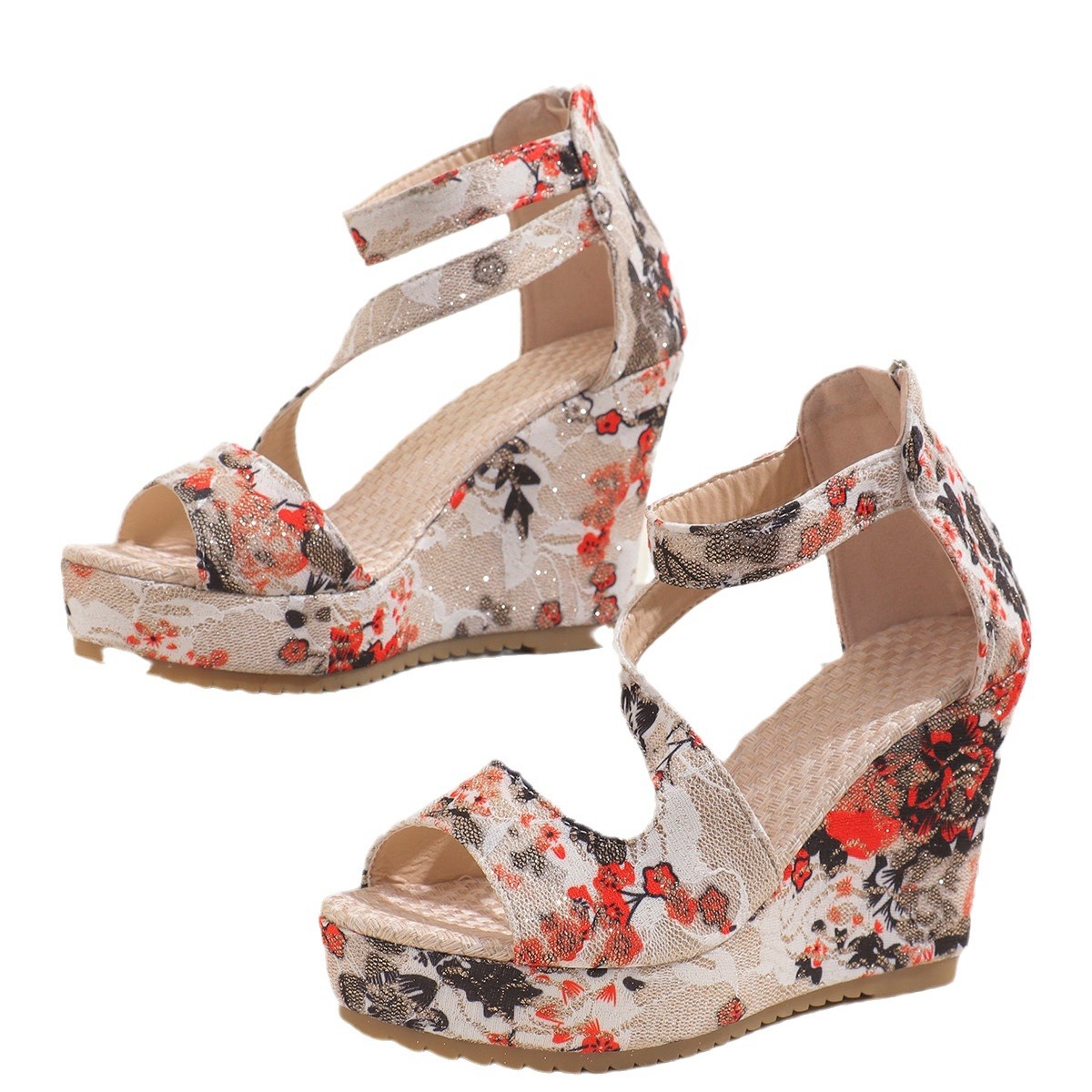 New Bohemian women's summer casual sandals with ultra-high heels, floral wedge heels, back zippers and thick soles Item Picture