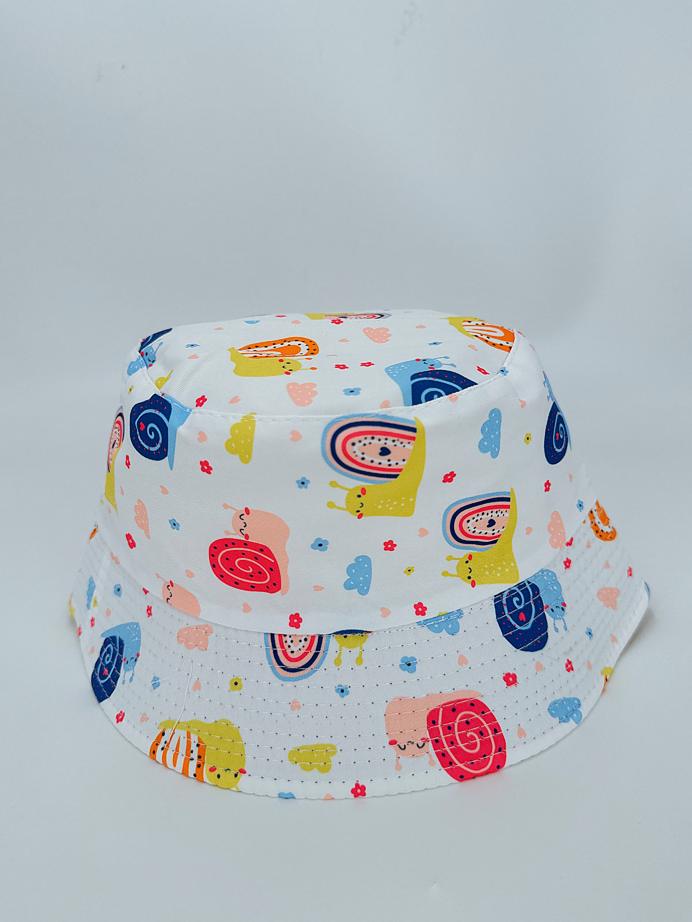 Spring and summer new cute snail-shaped fisherman's hat with multiple prints, double-sided wear, cute cartoon, versatile, outdoor sun protection, foldable, easy to carry, unisplendable, pier circumference 54CM fisherman's hat Specification drawing