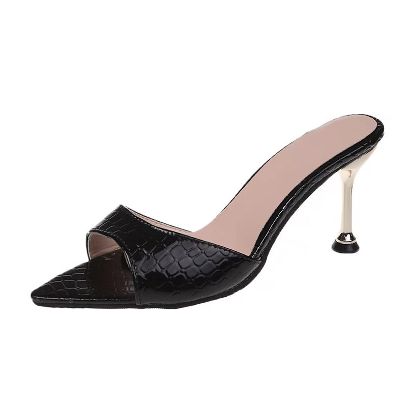 Cross-border 2024 new style European and American sexy snake-patterned leather pointed high-heeled flip-flops simple solid color plus-size banquet shoes Application Scenario