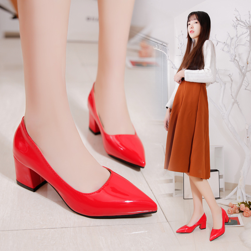 Spring 2023 new Korean style work simple fashion high heels, pointed-toe, thick-heel, shallow opening single shoes for women in stock details Picture