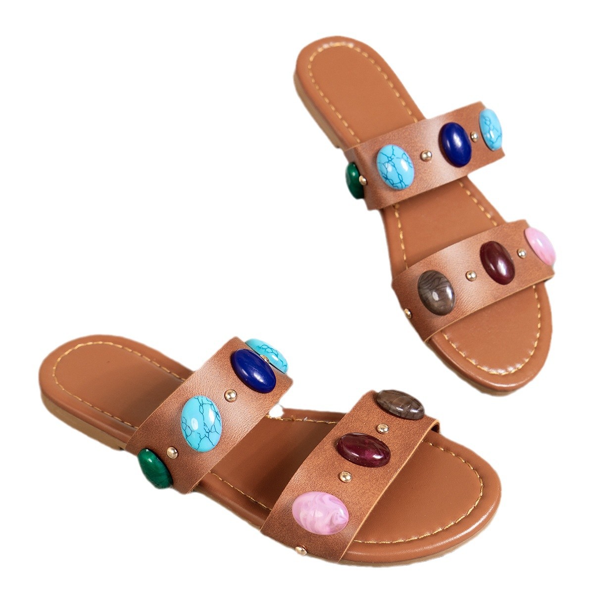 The new Spring/Summer 2024 European Station style of one-piece slippers: colorful gemstone flat sandals for women with riveted beach slippers Item Picture