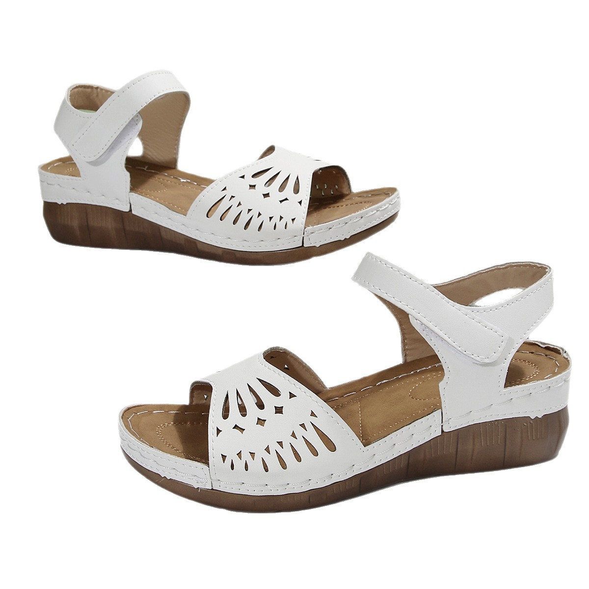 Large-sized wedge heel sandals for women 2025 summer independent station new style with hollowed-out flowers thick-soled one-shoulder Velcro sandals Item Picture