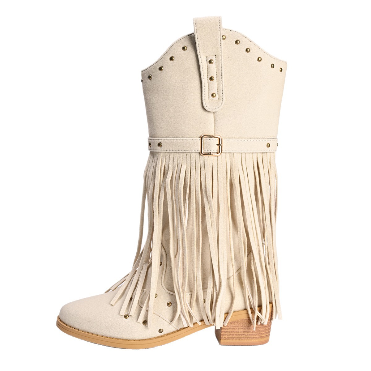 Fringed boots, European and American retro style cross-border autumn and winter new rivet belt buckle export mid-calf Martin boots, plus-size women's shoes Item Picture