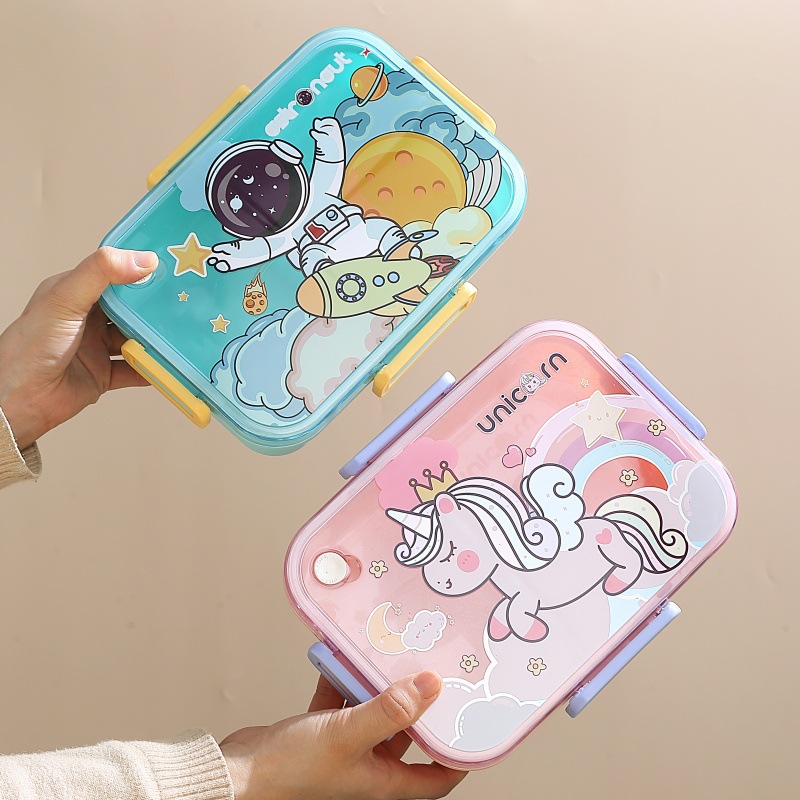 Cartoon three-compartment lunch box with spoon, salad bowl, sealed bento, fresh-keeping lunch box, microwave-heated student lunch box Application Scenario