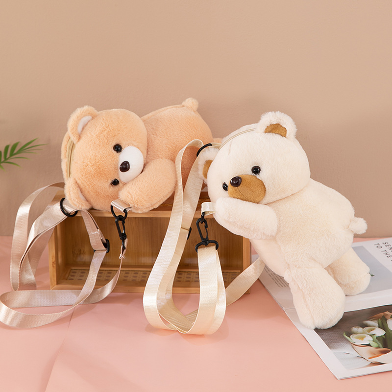 Cute teddy bear plush toy figurines, crossbody bags, single-shoulder and double-shoulder bags for girls, wholesale of one piece details Picture