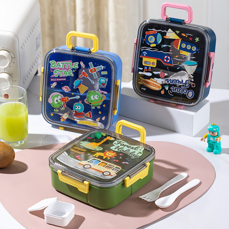 Lunch box for office workers, salad box with compartments and tableware, food-grade plastic cartoon hand-held lunch box for students