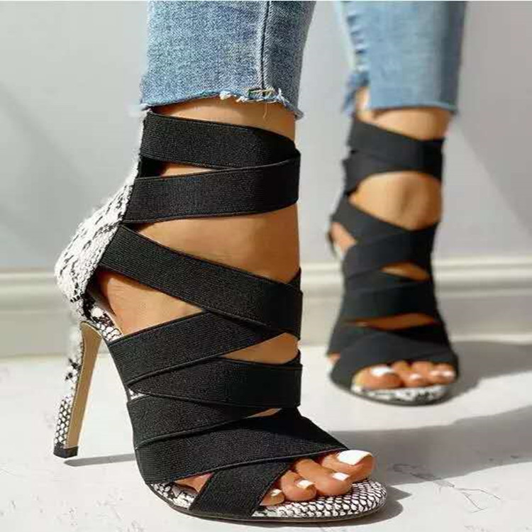 Black in-stock pointed-toe fish-mouth high-heeled, back-zipped women's shoes with cutout elastic, European and American fashion sandals, women's Roman sandals details Picture