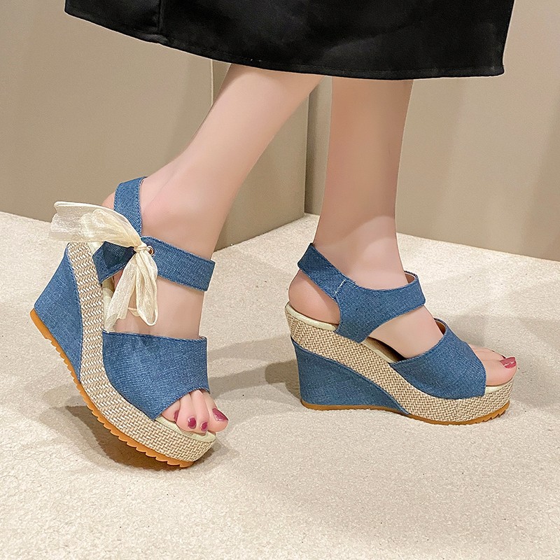 Large-sized 35-42 thick-soled women's sandals for cross-border trade, new summer 2024 style, wedge heels, fairy-like Korean style Specification drawing
