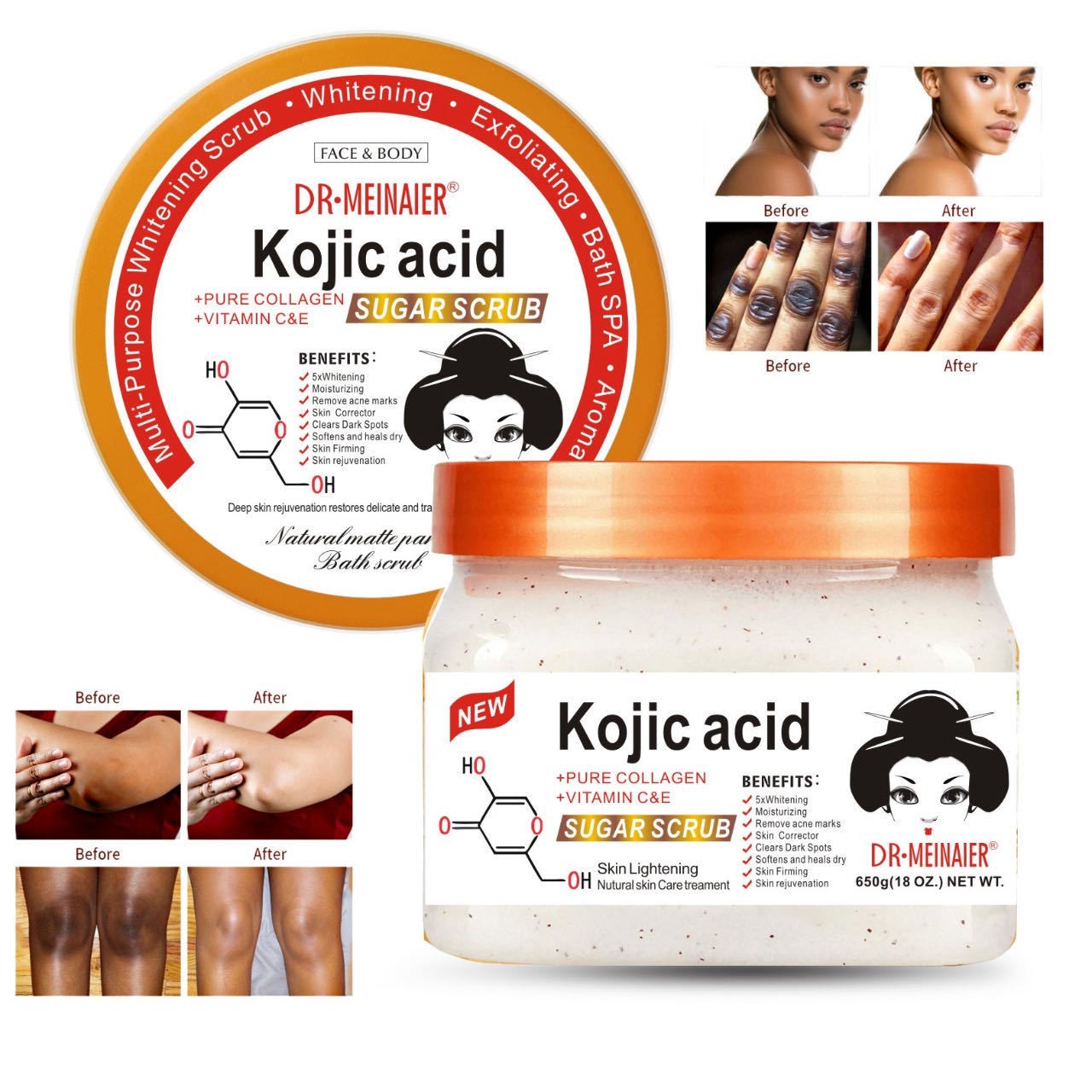 Cross-border Kojic acid Grinding Sugar Blackening, Cleansing and Exfoliating Lychee Scrub Bath Salt Carrot Scrub 650g details Picture