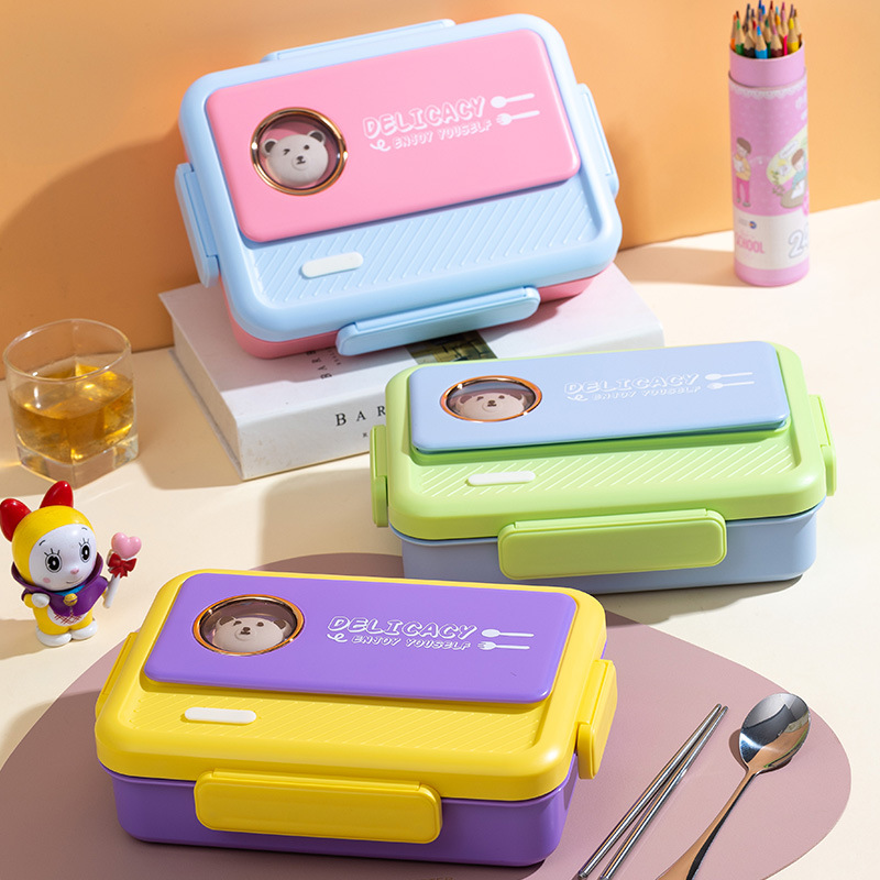 New type of lunch box: three-compartment stainless steel student large-capacity compartments lunch box, children's cartoon bento box Specification image