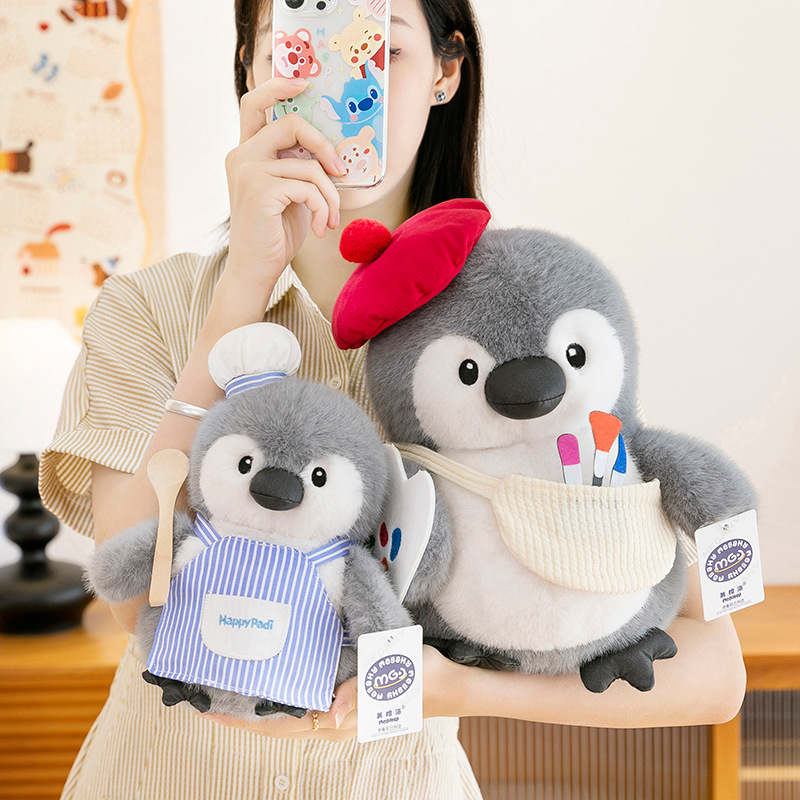 "Internet celebrity genuine painter chef penguin plush toy, fishing penguin doll, birthday and Christmas gift for girls. Specification drawing