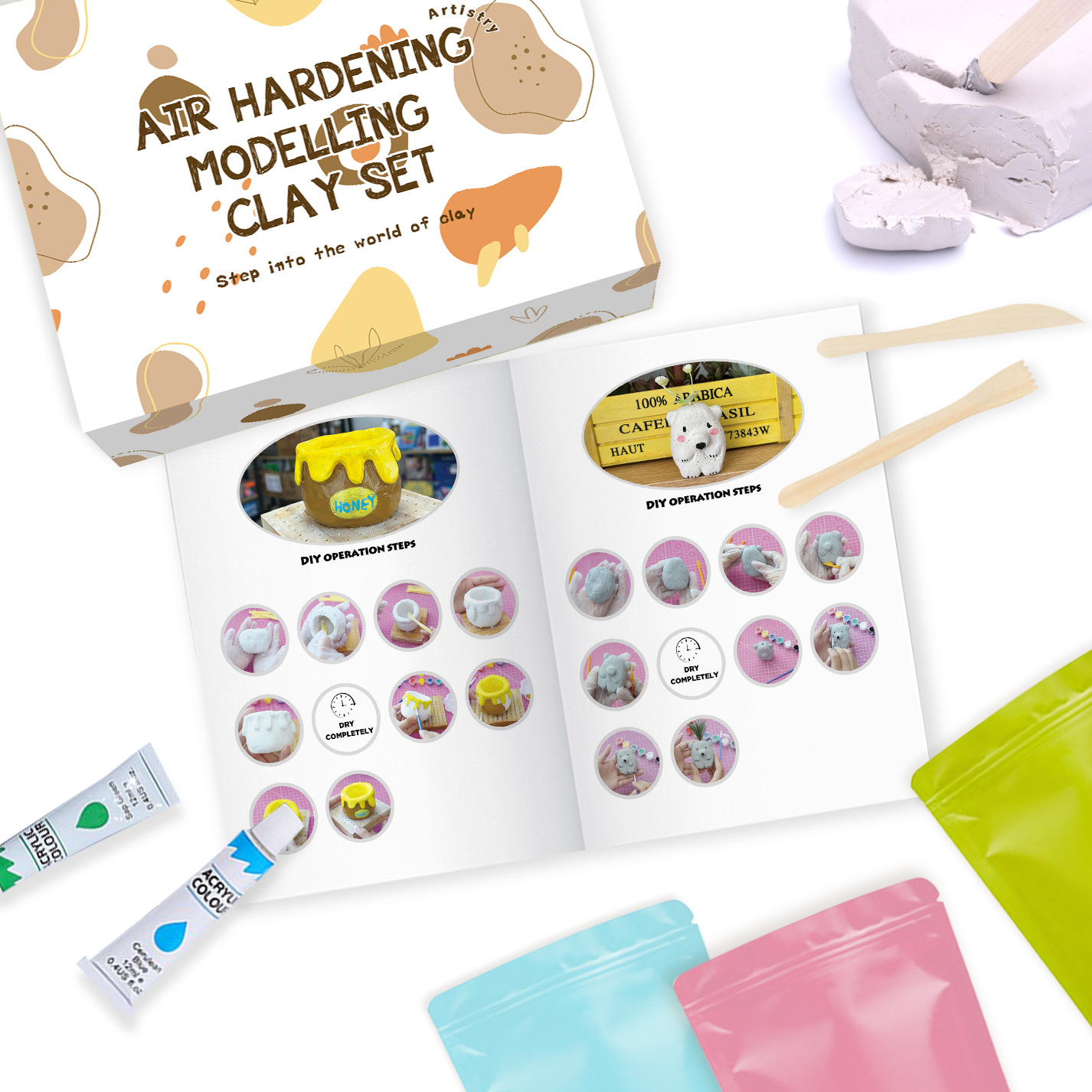 Wholesale of cross-border stone plastic clay, no-baking air-drying clay, DIY children's handcrafted clay sculpture tools, color box sets Specification drawing