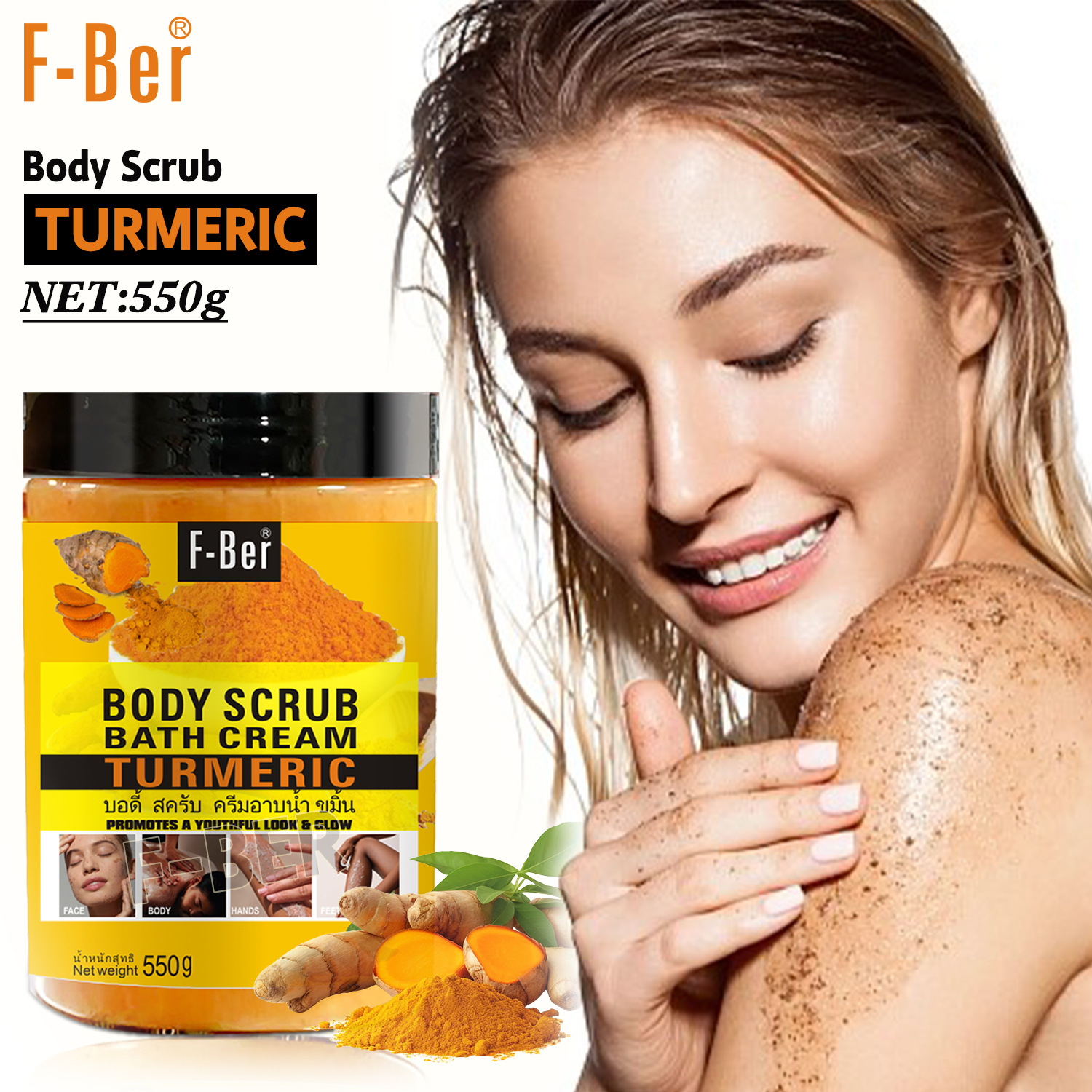 Cross-border turmeric Scrub Deep Cleansing, chicken skin removal, exfoliation, brightening the whole body scrub Bubble Wet bath salt 550g details Picture