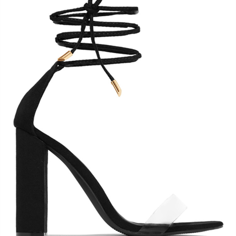 2022 New style of foreign trade cross-border European and American fashion sandals, transparent square head lace-up women's high heels, women's thick-heeled slippers Item Picture