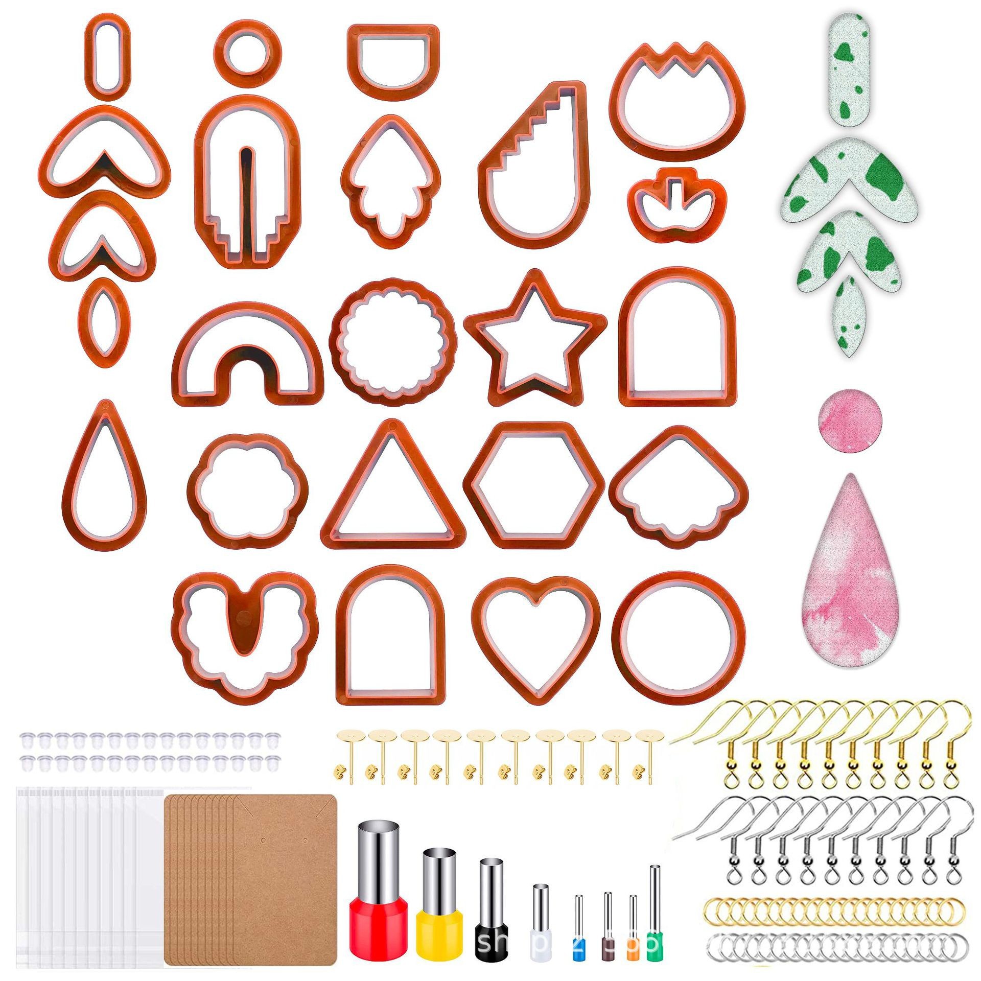 Cross-border 142pcs soft clay cutter plastic earring hook popular jewelry DIY mold strap storage Specification drawing
